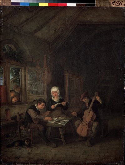 Muzycy wiejscy (muzycy wiejscy). Skrzypek i wiolonczelista grający w domu. Obraz Adriaena Jansza Van Ostade (1610-1685) autorstwa Adriaen Jansz. van Ostade