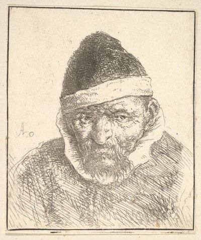 Stary człowiek w białym kołnierzyku i spiczastym kapeluszu, 1610-85. autorstwa Adriaen Jansz. van Ostade