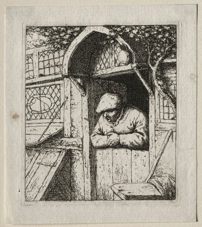 Chłop pochylony w jego drzwiach. autorstwa Adriaen Jansz. van Ostade
