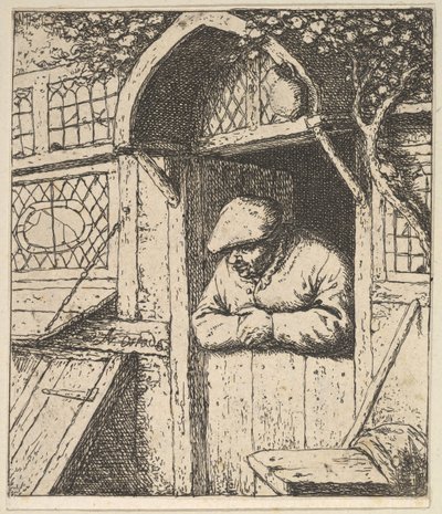 Chłop oparty na drzwiach, 1610-85. autorstwa Adriaen Jansz. van Ostade