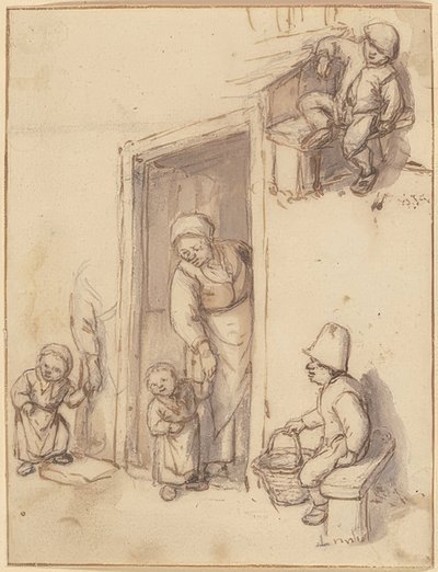 Arkusz studyjny z matką i jej córką w drzwiach wejściowych, dwóch chłopców siedzących. 1660s autorstwa Adriaen Jansz. van Ostade