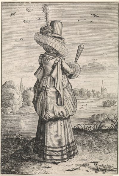 Ubiór i maniery szlachcianek i wieśniaczek Elegancka dama bij hagedis Kleding en omgeving van Nederlandse adellijke dames en boerinnen (tytuł serii) Zachowanie i kult Szlachetnych i Zardzewiałych Matron autorstwa Adriaen Matham (possibly)
