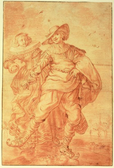Dama i dżentelmen na łyżwach na lodzie, ok. 1625 (czerwona kreda na papierze) autorstwa Adriaen Pietersz van de Venne