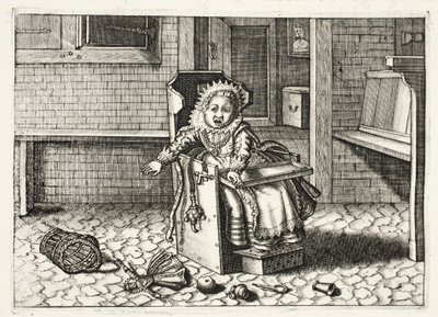 Dziecko płaczące po swoje zabawki, ilustracja z "Emblemata of Zinne-werk" Johannesa de Brune (1589-1658), Jan Jacobs Schipper, Amsterdam, 1661 autorstwa Adriaen Pietersz van de Venne