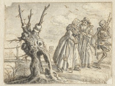 Starszy mężczyzna i kobieta chętnie podążają za śmiercią grając na dudach autorstwa Adriaen Pietersz van de Venne