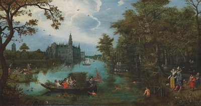 Letni krajobraz z imprezą żeglarską i kąpiącymi się autorstwa Adriaen Pietersz. van de Venne