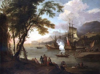 Kaprys śródziemnomorskiego portu z żeglugą, kupcami i dokerami. autorstwa Adriaen van Diest