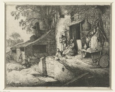 Wirująca kobieta przed domem Kręcąca się kobieta przy drzwiach autorstwa Adriaen van Ostade (signed by artist)