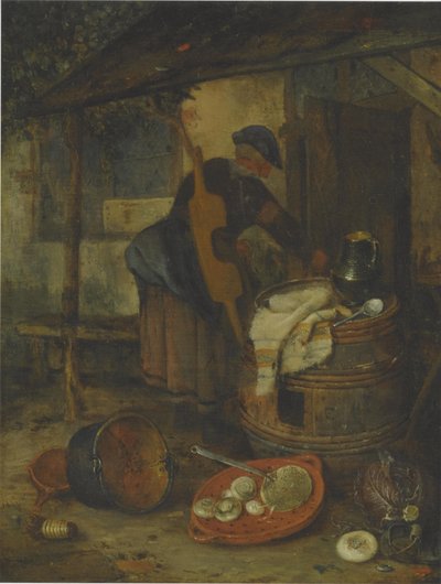 Pokojówka przy drzwiach z beczką i warzywami autorstwa Adriaen Jansz. van Ostade
