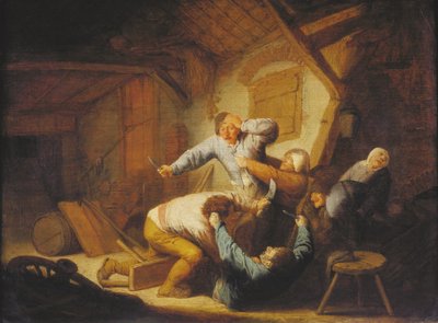 Holenderski: Chłopi walczący w karczmie autorstwa Adriaen van Ostade