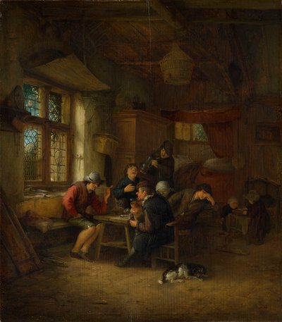 Wnętrze tawerny z pięcioma chłopami i kobietą autorstwa Adriaen van Ostade