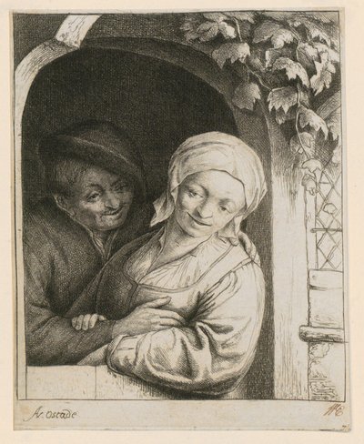 Wiejska czułość - Para chłopów w drzwiach autorstwa Adriaen van Ostade