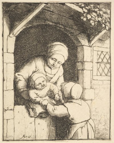 Mała dziewczynka bawi się z dzieckiem w ramionach matki, 1610-85. autorstwa Adriaen van Ostade