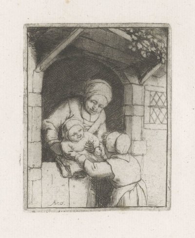 Matka z dwójką dzieci w drzwiach autorstwa Adriaen van Ostade