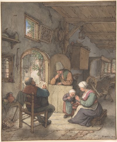 Czytanie wiadomości w chacie tkaczy autorstwa Adriaen van Ostade