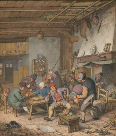 Pokój w karczmie z chłopami pijącymi, palącymi i grającymi w Backgam, 1678 r. autorstwa Adriaen van Ostade