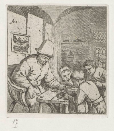Nauczyciel z trzema uczniami przy stole autorstwa Adriaen van Ostade