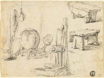 Szkice pompy, wanny, ławki autorstwa Adriaen van Ostade