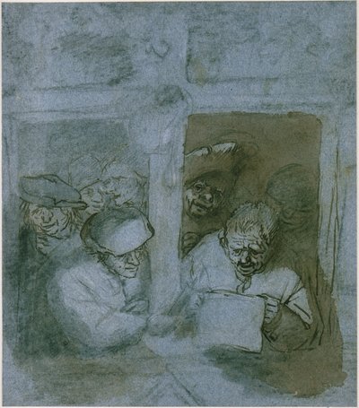 Śpiewak śpiewający z nut i obserwatorzy przy oknie w kościele, scena nocna autorstwa Adriaen van Ostade