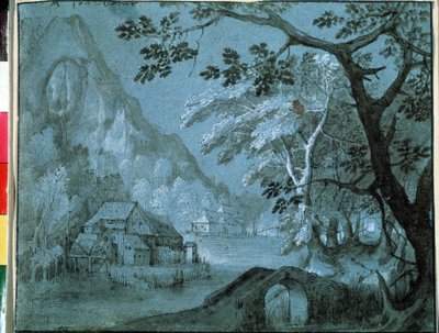 Krajobraz górskiego jeziora z młynem (Krajobraz z młynem na górskim jeziorze). Rysunek Adriaena Van Stalbemta (1580-1662). Grisaille na papierze autorstwa Adriaen van Stalbemt