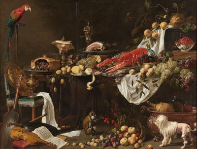 Bankietowa martwa natura Pronk Martwa natura z papugą, psem i małpą autorstwa Adriaen van Utrecht