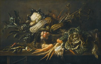 Martwa natura z karczochami, szparagami, zieloną kapustą, cebulą, fasolą, marchewką i innymi warzywami na drewnianej ławce. autorstwa Adriaen van Utrecht
