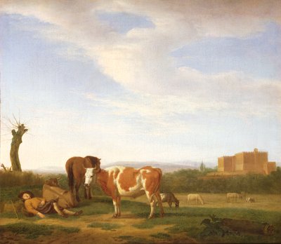 Pejzaż pasterski ze śpiącym pasterzem, XVII w. autorstwa Adriaen van de Velde