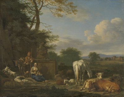 Arkadyjski pejzaż z odpoczywającymi pasterzami i zwierzętami, 1664 (olej na płótnie na desce) autorstwa Adriaen van de Velde