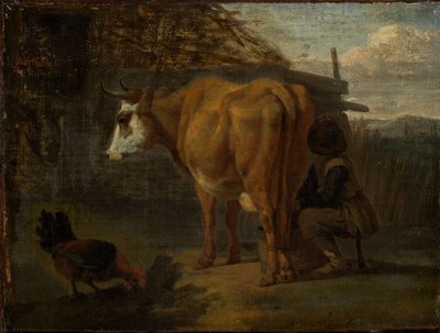 Brązowa krowa dojna, dojoną przez pasterza autorstwa Adriaen van de Velde