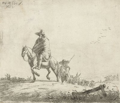 Jeździec i pasterz z bydłem na polnej drodze, 1653 autorstwa Adriaen van de Velde