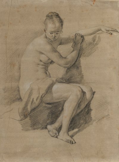 Akt kobiecy w pozycji siedzącej, ok. 1660-70 (rysunek kredą czarno-białą) autorstwa Adriaen van de Velde
