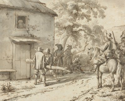 Żołnierze wyważają drzwi, 1669 (rysunek piórem i atramentem) autorstwa Adriaen van de Velde