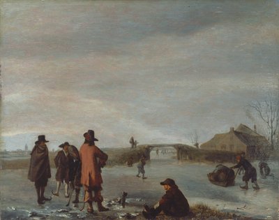 Scena zimowa z grupą golfistów na zamarzniętej rzece, ok. 1654-72 (olej na desce) autorstwa Adriaen van de Velde