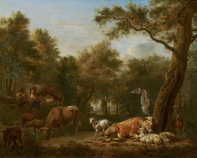 Zalesiony krajobraz z bydłem autorstwa Adriaen van de Velde