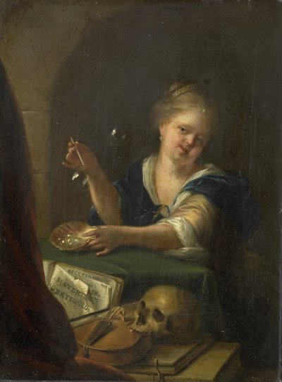 Bąbelkowa dziewczyna z martwą naturą Vanitas autorstwa Adriaen van der Werff (manner of)