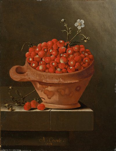 Martwa natura z truskawkami w glinianym garnku, 1704 autorstwa Adrian Coorte