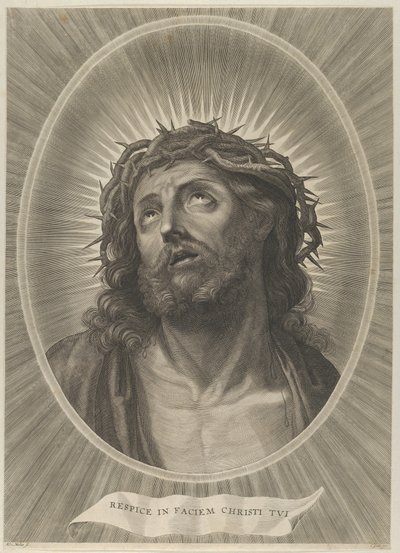 Głowa Chrystusa z koroną cierniową w owalnej oprawie, wg Reni, ok. 1900 r. 1..., ca. 1653-67. autorstwa Adrian van Melar