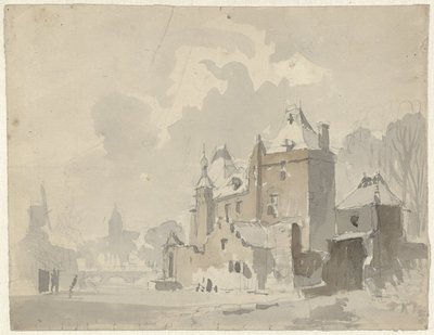Widok wyimaginowanego (?) zamku w pobliżu miasta autorstwa Adrianus Eversen