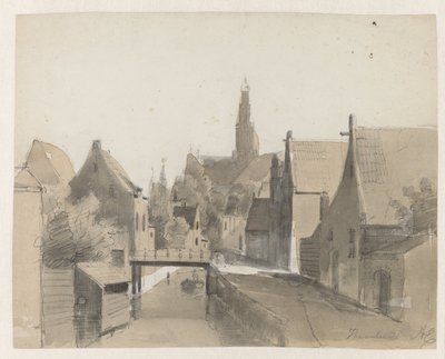 Widok na kanał w Haarlemie, w tle św. Bawó Haarlem (tytuł na obiekcie) autorstwa Adrianus Eversen