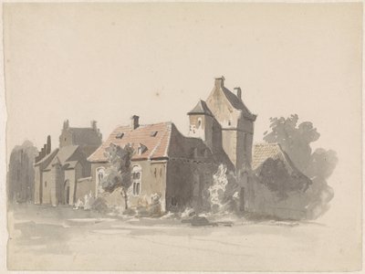 Widok na zespół domów z bramą miejską(?) autorstwa Adrianus Eversen