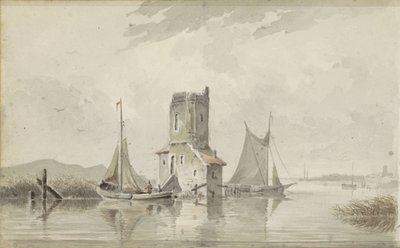 Krajobraz rzeki z wieżą autorstwa Adrianus Eversen