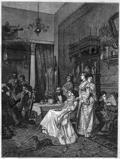 Amatorski koncert w pracowni artysty. Grawer po obrazie Adriena Moreau (1843-1906) w „Ilustrowanym Wszechświecie”” autorstwa Adrien (after) Moreau