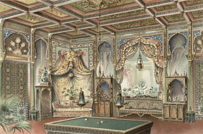 Mauretańska sala bilardowa, ilustracja z „La Decoration Interieure”, wydana ok. 1893–94 (kolor litho) autorstwa Adrien (after) Simoneton
