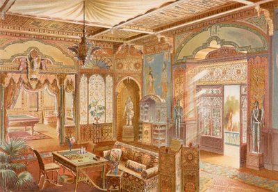 Pokój gier w stylu asyryjskim, ilustracja z „La Decoration Interieure” wydana ok. 1893–94 (kolor lito) autorstwa Adrien (after) Simoneton