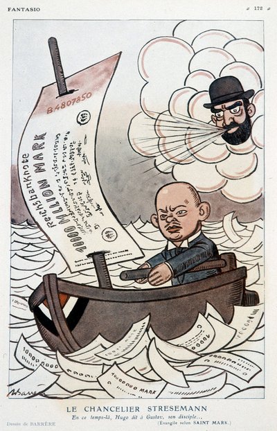 Karykatura dotycząca niemieckiego kanclerza Gustava Stresemanna (1878-1929) i dewaluacji marki – ilustracja Adriena Barrere (1877-1931) w „” Fantasio”” z 1.11.1923 autorstwa Adrien Barrere