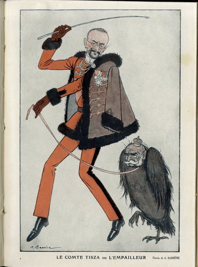 Ilustracja Barrere (1874-1931) w „” Fantasio””, 01.04.15 - Hrabia Tisza lub Nadziewarka - Wojna 14 -18, Austria, Węgry - Orzeł, Francois-Joseph 1. Austria, Tisza Istvan - Animacja autorstwa Adrien Barrere