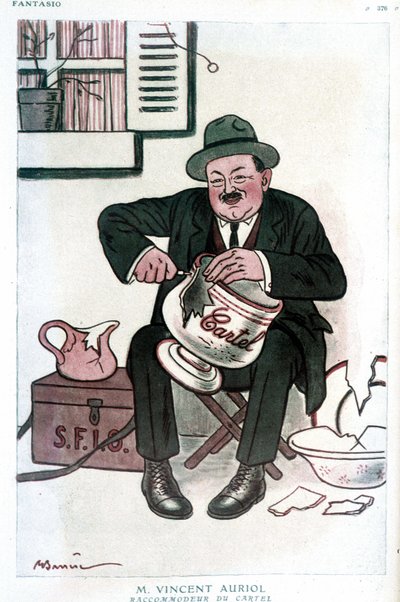Pan Vincent Auriol, Cartel Raccommodeur: humorystyczne nawiązanie do Vincenta Auriola (1884-1938), SFIO (S.F.I.O) i Cartel des gauche. Rysunek A. Barrere - w „Fantasio”” z 15.02.1929. autorstwa Adrien Barrere