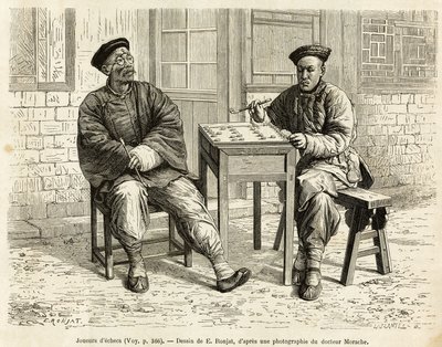 Szachiści. Grawer na podstawie rysunku A.Marie, dla zilustrowania podróży do Pekinu i północnych Chin, T.Choutze, w 1873, opublikowany w „Le tour du monde”” 1876, pod redakcją Edouarda Chartona, wyd. Hachette, Paryż. Kolekcja Selva. autorstwa Adrien Emmanuel Marie