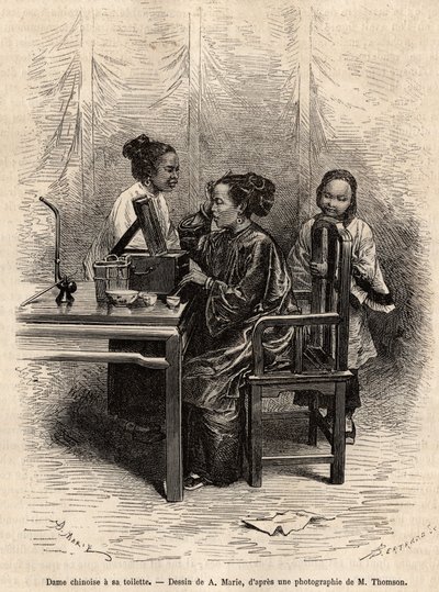 Chinka ma toaletę. Grawer na podstawie rysunku A.Marie, dla zilustrowania podróży do Pekinu i północnych Chin, T.Choutze, w 1873, opublikowany w „Le tour du monde”” 1876, pod redakcją Edouarda Chartona, wyd. Hachette, Paryż. Kolekcja Selva. autorstwa Adrien Emmanuel Marie