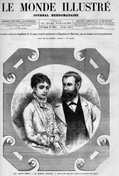 Portret Daniela Wilsona (1840-1919), francuskiego polityka z żoną Alice Grevy. Grawerowanie autorstwa Adriena Marie. Jeden z „Wspaniałego Świata” nr 1282 z 22 października autorstwa Adrien Emmanuel Marie